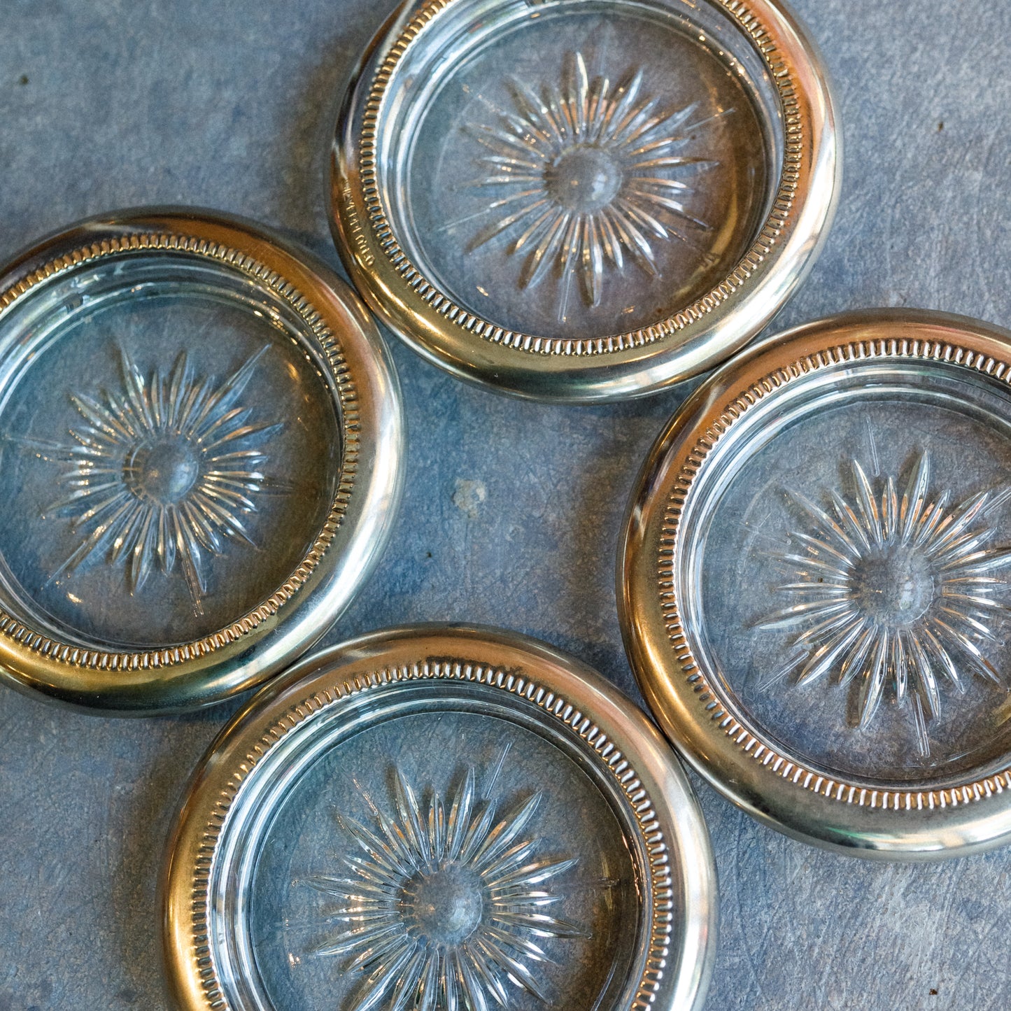Set of 4 Vintage Silver Plated Cut Glass Coasters