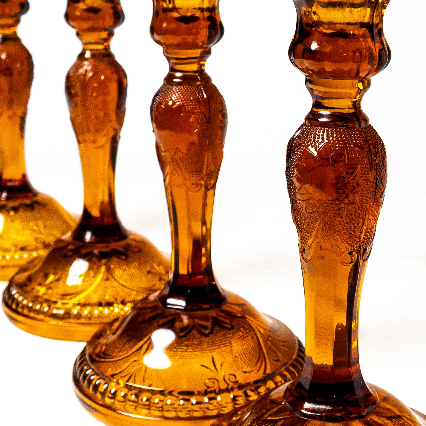 Tiara Sandwich Glass Amber Candlesticks, 1970's-80's