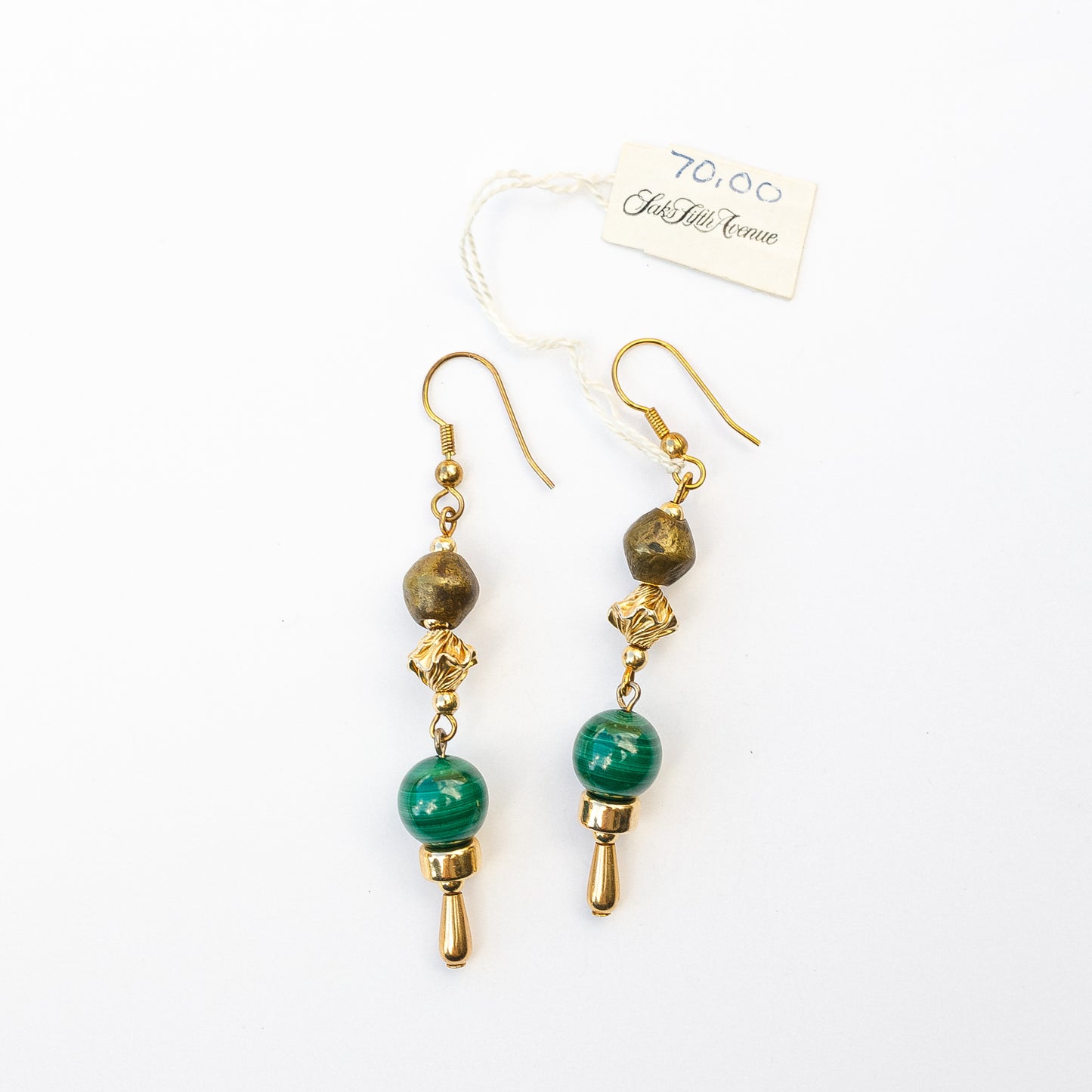 1980's Saks Fifth Avenue Malachite Bead Earrings