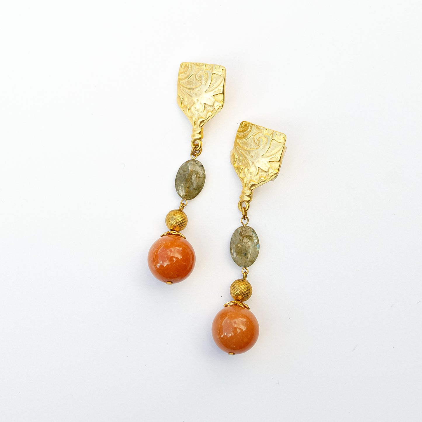 1980's Saks Fifth Avenue Gold Plated Agate and Smokey Quartz Earrings