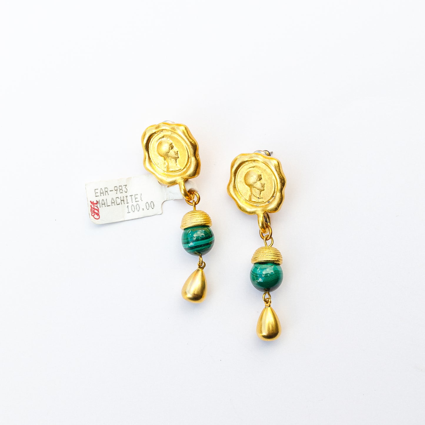 1980's Saks Fifth Avenue Gold Plated Malachite Earrings