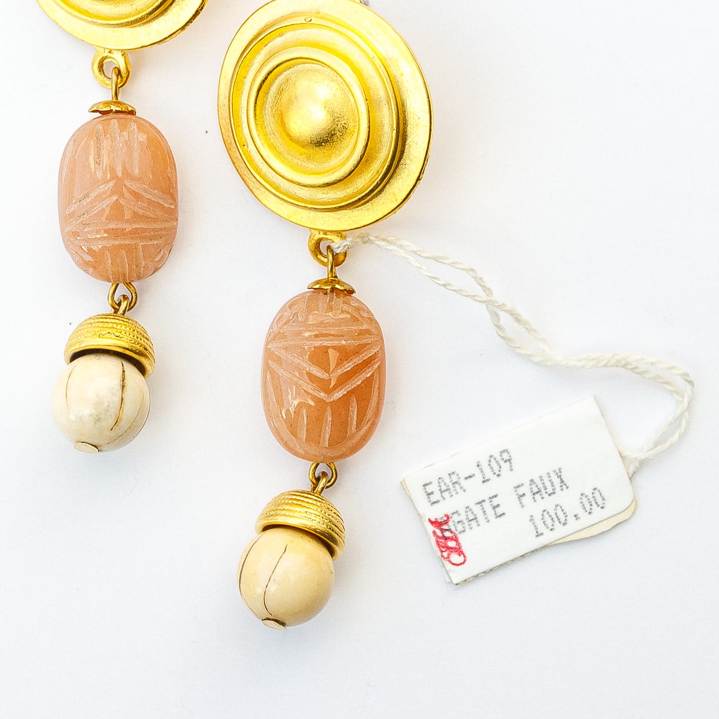 1980's Saks Fifth Avenue Gold Plated Agate Scarab Bead Earrings