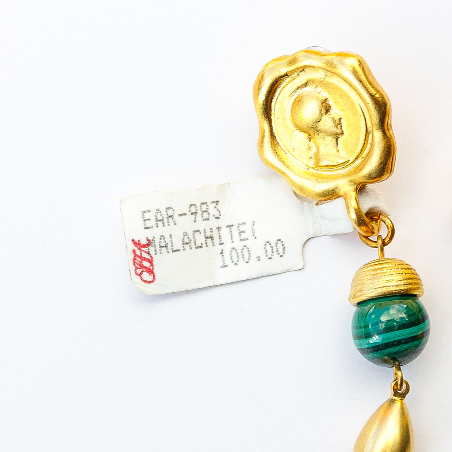 1980's Saks Fifth Avenue Gold Plated Malachite Earrings