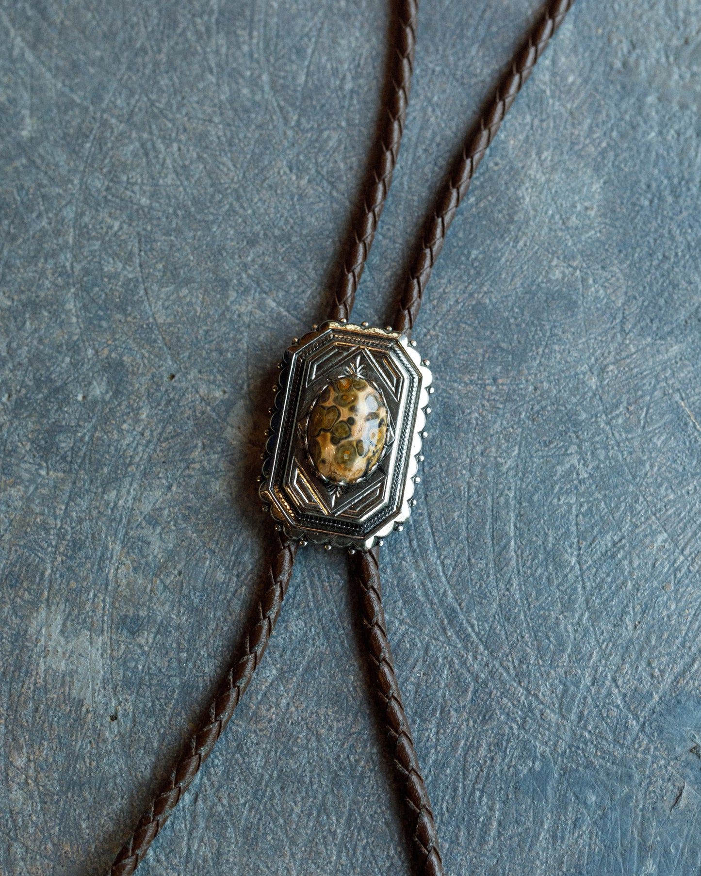 Vintage Leather Bolo Tie with Polished Stone in Silver-Tone Setting