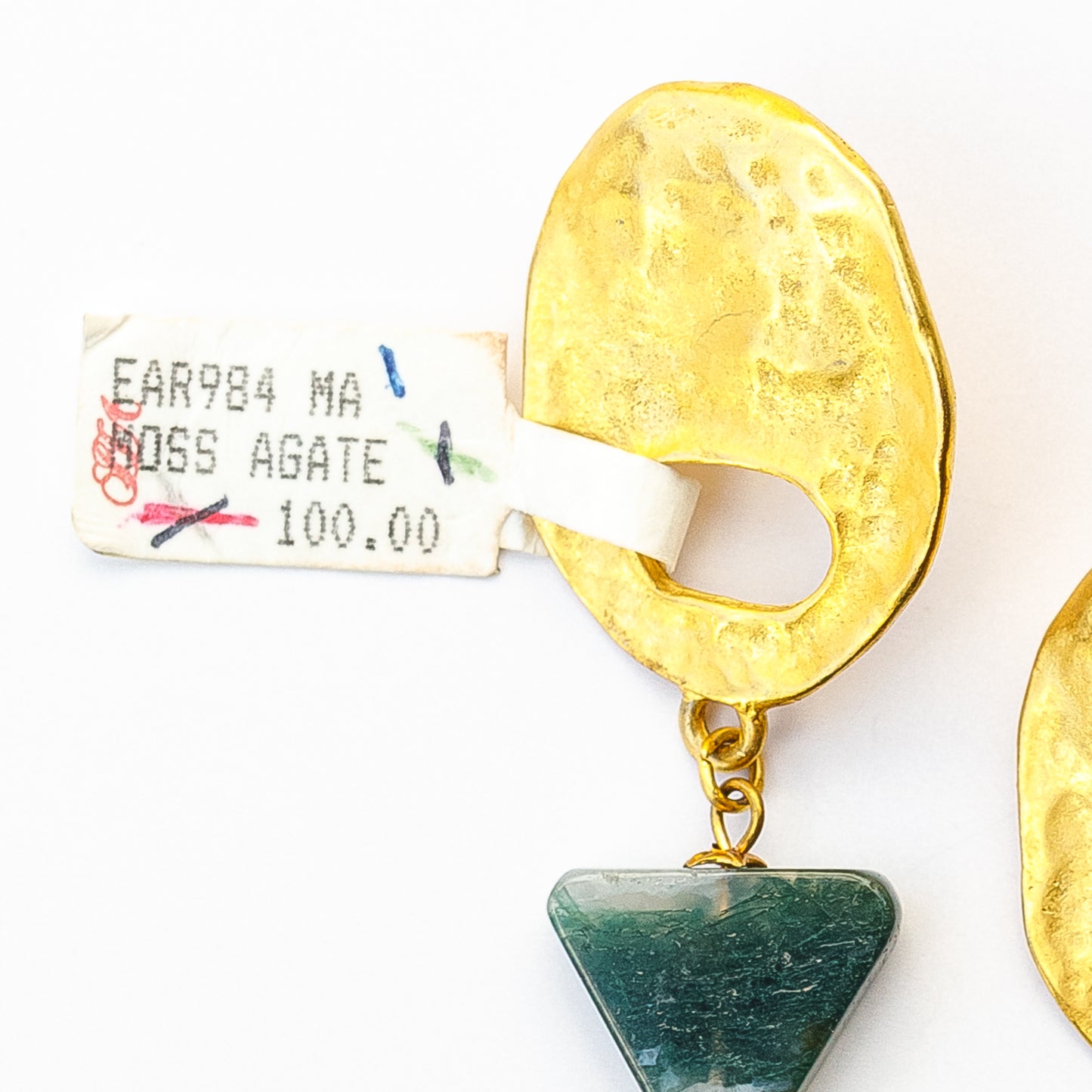 1980's Saks Fifth Avenue Gold Plated Moss Agate Earrings