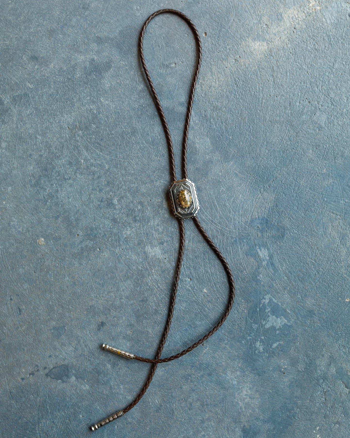 Vintage Leather Bolo Tie with Polished Stone in Silver-Tone Setting
