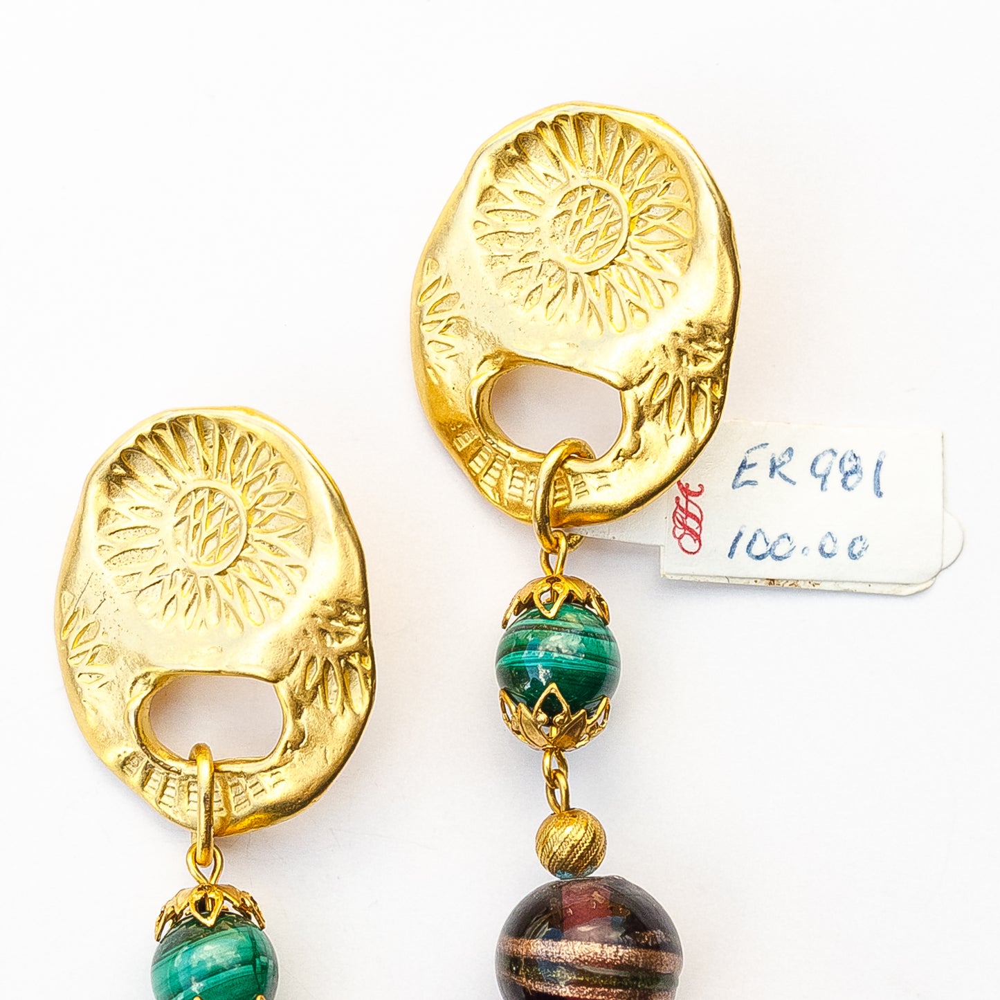 1980's Saks Fifth Avenue Gold Plated Malachite and Lampwork Beaded Earrings