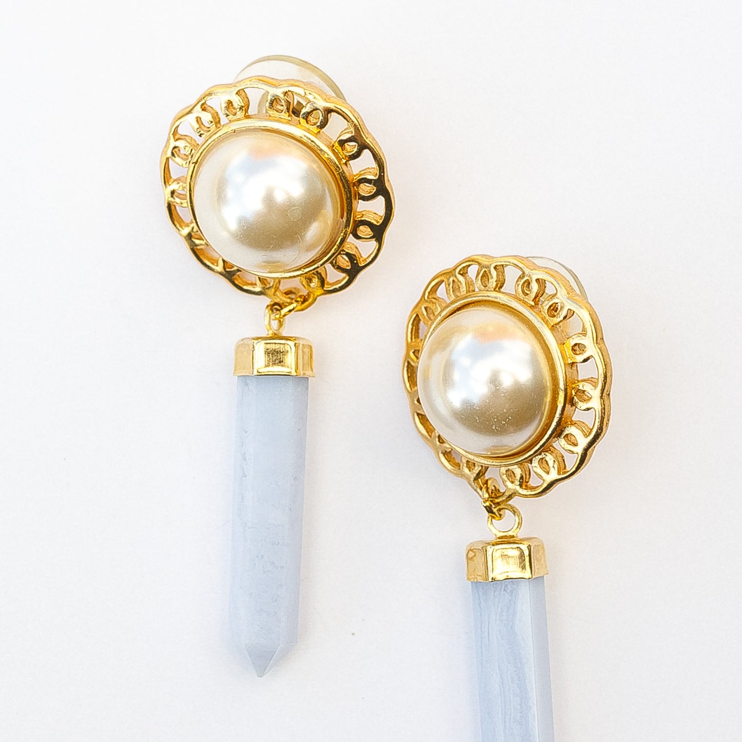 1980's Saks Fifth Avenue Gold Plated Quartz and Faux Pearl Earrings