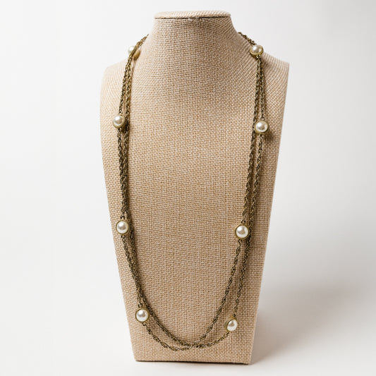 Vintage Costume Extra Long Gold-Tone Faux Pearl Necklace