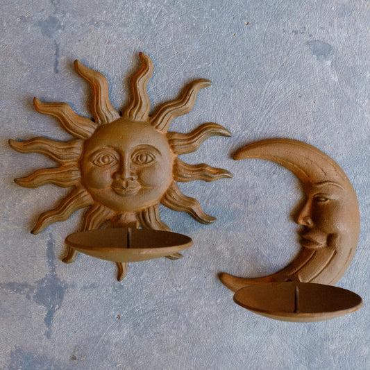 Set of Cast Iron Celestial Wall Mounted Pillar Candle Holders