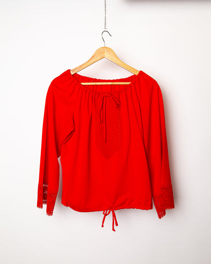 Pomegranate Red 1970's Peasant Blouse with Lace Sleeve Detailing