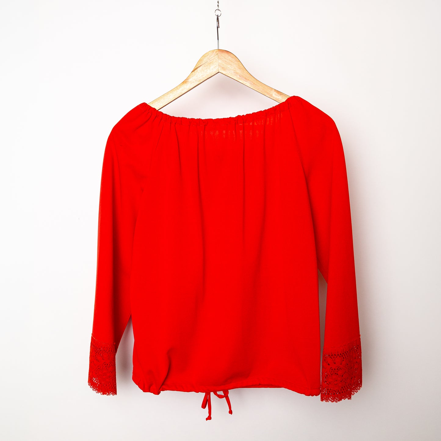 Pomegranate Red 1970's Peasant Blouse with Lace Sleeve Detailing