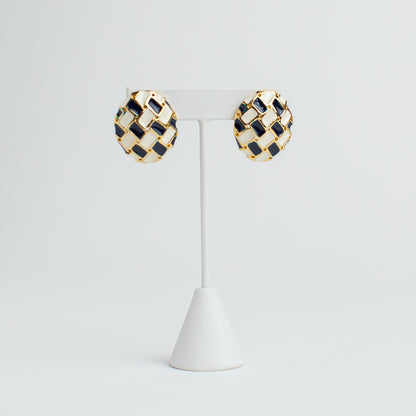 1980's Gold-Toned Enameled Basket Weave Earrings