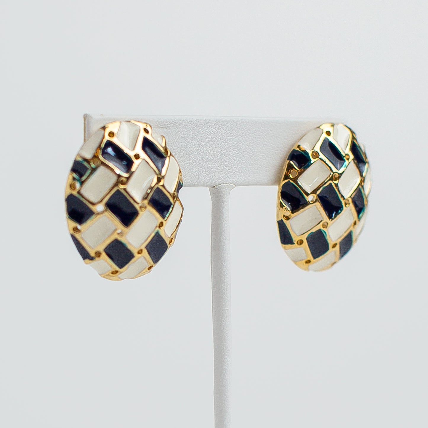 1980's Gold-Toned Enameled Basket Weave Earrings