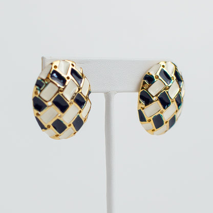 1980's Gold-Toned Enameled Basket Weave Earrings
