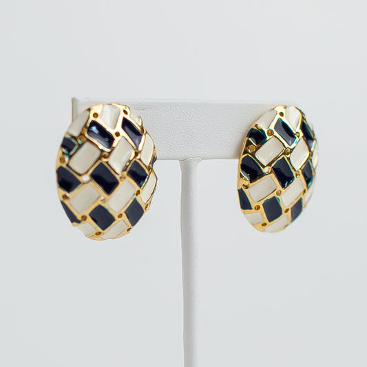 1980's Gold-Toned Enameled Basket Weave Earrings