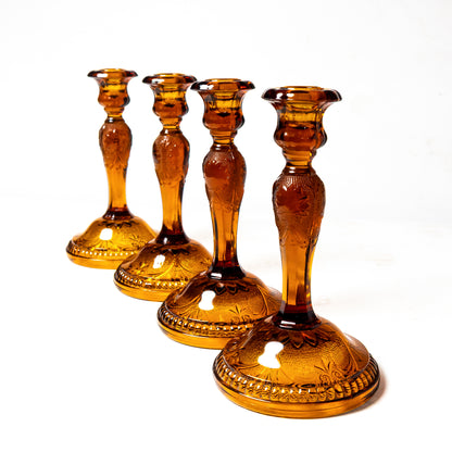 Tiara Sandwich Glass Amber Candlesticks, 1970's-80's