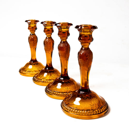 Tiara Sandwich Glass Amber Candlesticks, 1970's-80's