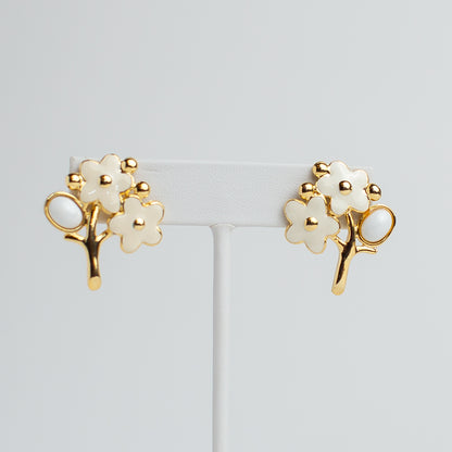 1980's Cream and Gold-Toned Enamel Floral Earrings