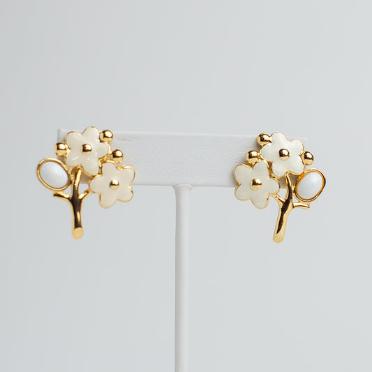 1980's Cream and Gold-Toned Enamel Floral Earrings