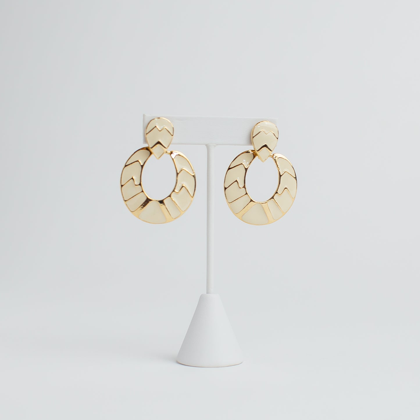 1980's Enameled Cream and Gold-Tone Door Knocker Earrings
