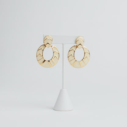 1980's Enameled Cream and Gold-Tone Door Knocker Earrings