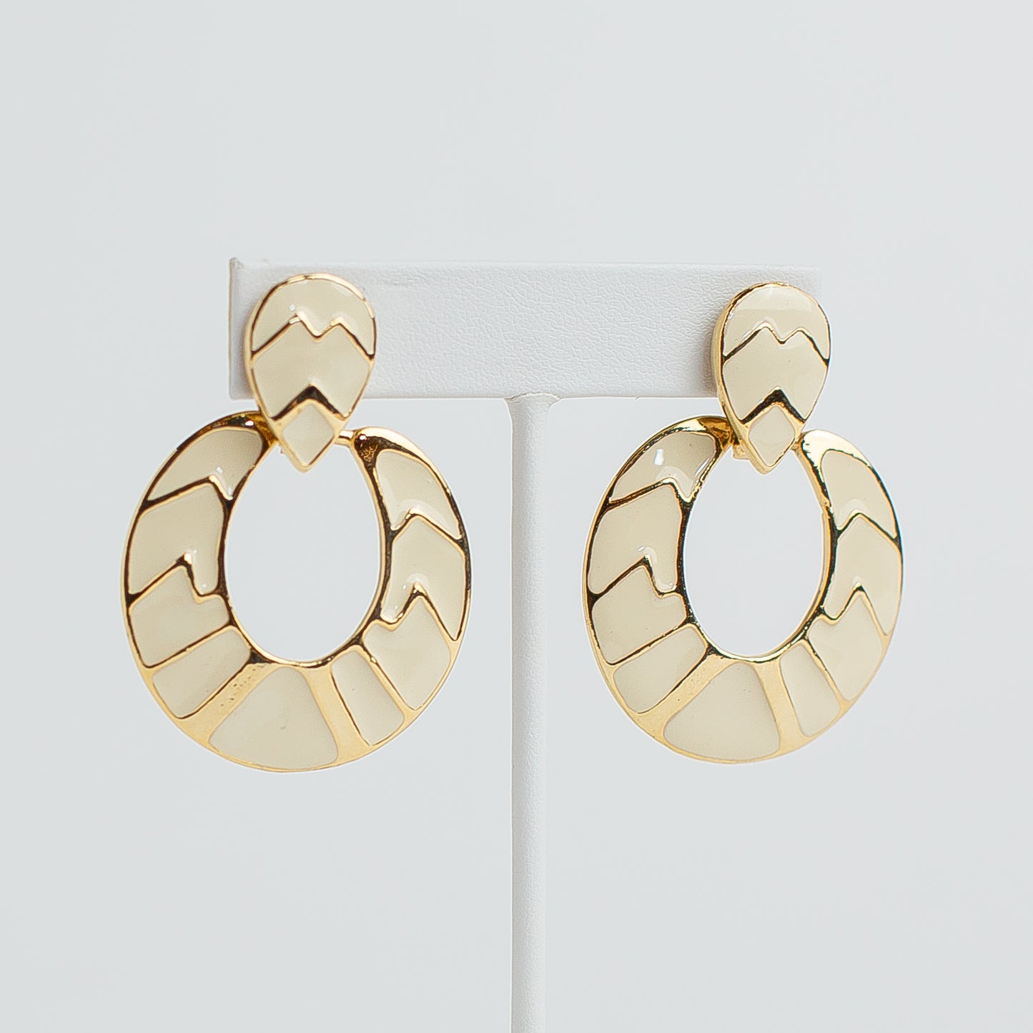 1980's Enameled Cream and Gold-Tone Door Knocker Earrings