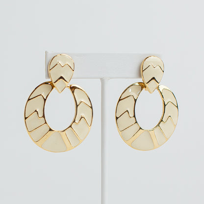 1980's Enameled Cream and Gold-Tone Door Knocker Earrings