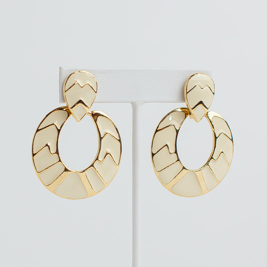 1980's Enameled Cream and Gold-Tone Door Knocker Earrings