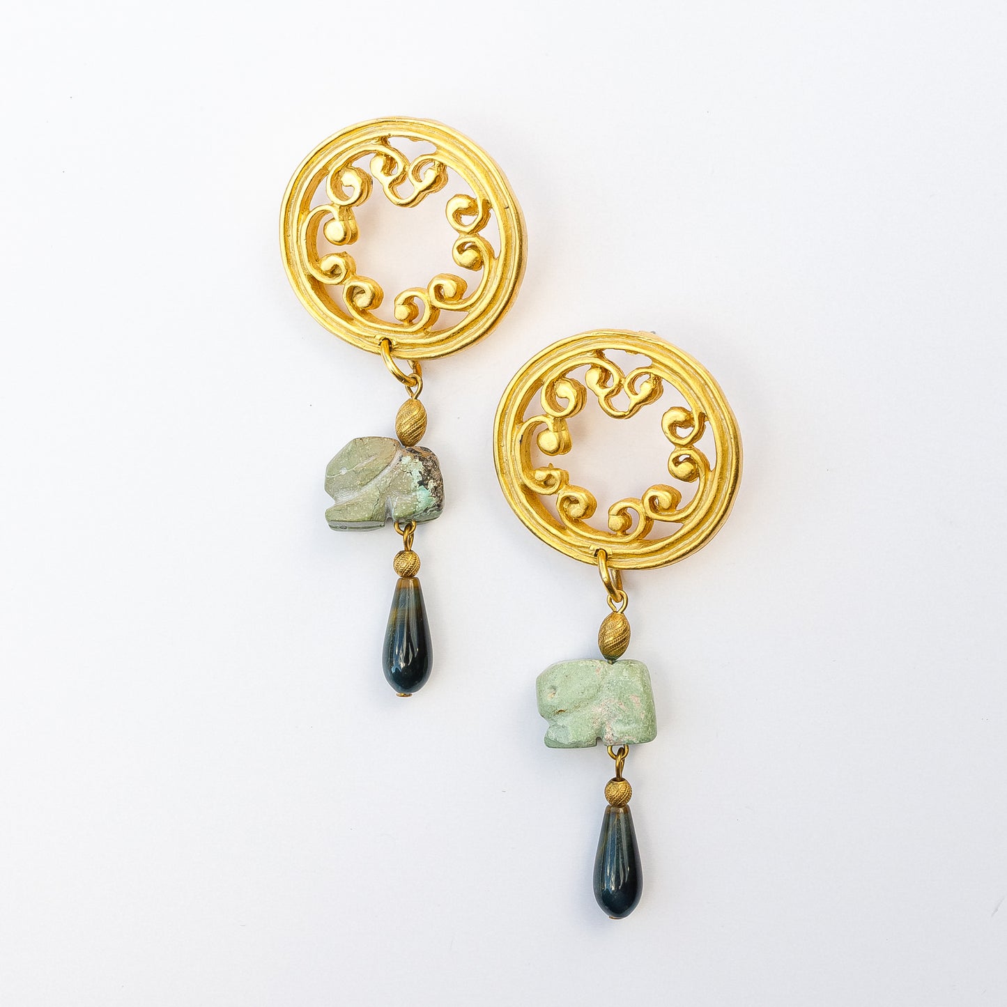 1980's Saks Fifth Avenue Gold Plated Stone Rabbit Bead Earrings
