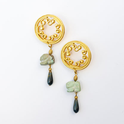 1980's Saks Fifth Avenue Gold Plated Stone Rabbit Bead Earrings