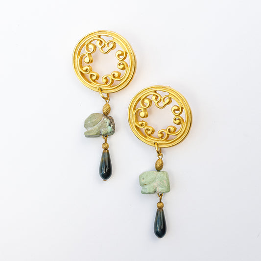 1980's Saks Fifth Avenue Gold Plated Stone Rabbit Bead Earrings
