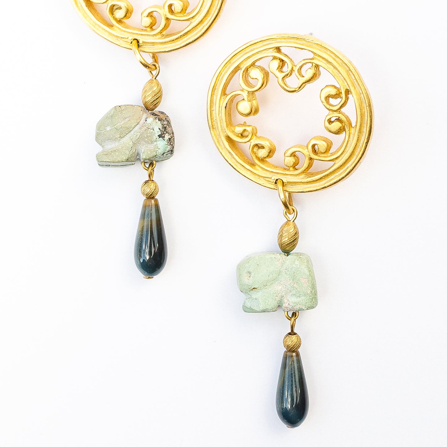 1980's Saks Fifth Avenue Gold Plated Stone Rabbit Bead Earrings