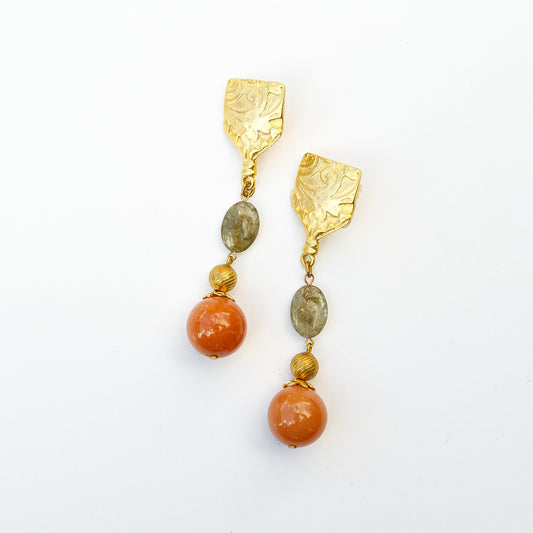 1980's Saks Fifth Avenue Gold Plated Agate and Smokey Quartz Earrings