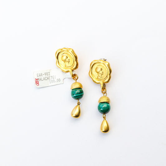 1980's Saks Fifth Avenue Gold Plated Malachite Earrings