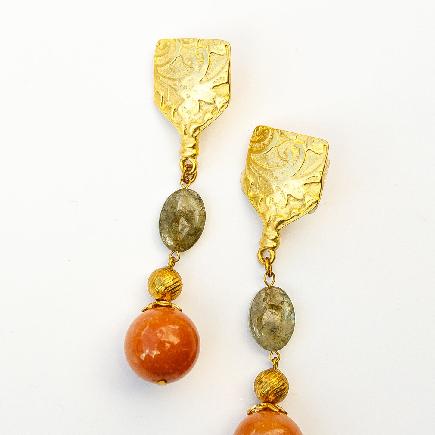 1980's Saks Fifth Avenue Gold Plated Agate and Smokey Quartz Earrings