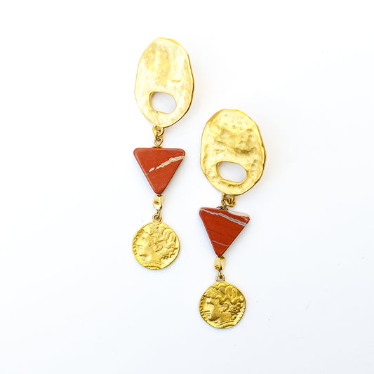 1980's Saks Fifth Avenue Gold Plated Jasper Coin Earrings