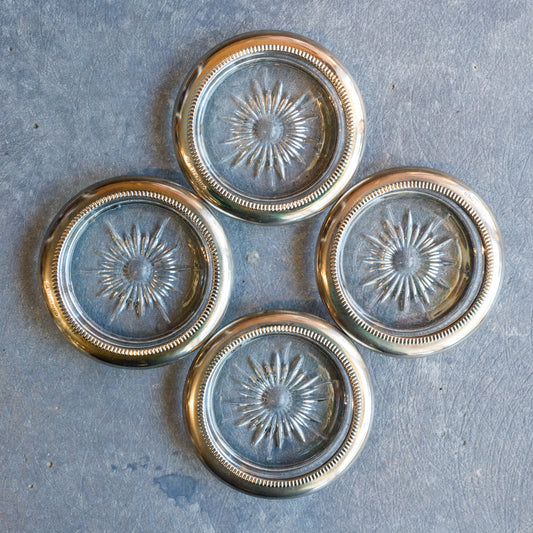 Set of 4 Vintage Silver Plated Cut Glass Coasters