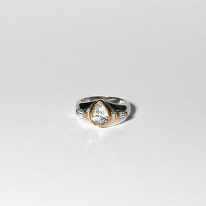 Vintage Silver Toned Ring with Gold Tone Features and Diamond Rhinestones, Size 6