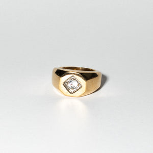 Art Deco Gold Tone Ring with Clear Stone, Size 7.5