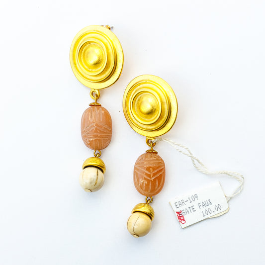 1980's Saks Fifth Avenue Gold Plated Agate Scarab Bead Earrings