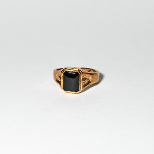 Gold Tone Ring with Onyx-Type Glass Stone, Size 10
