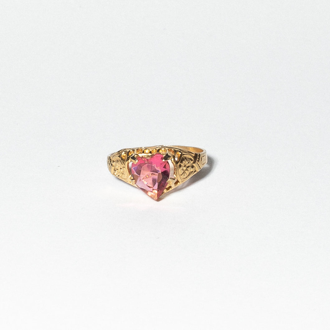 Gold Tone Ring with Pink Heart Rhinestone, Size 4