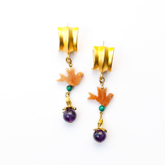 1980's Saks Fifth Avenue Gold Plated Agate and Malachite Earrings