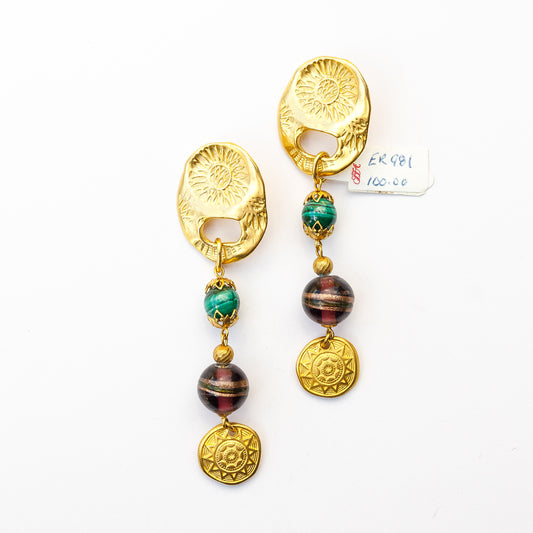 1980's Saks Fifth Avenue Gold Plated Malachite and Lampwork Beaded Earrings