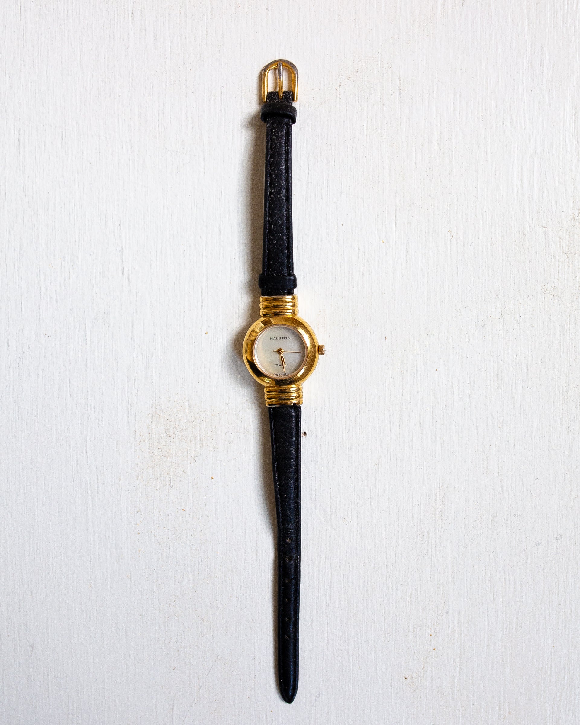 Halston Gold Watch with Black Leather Band