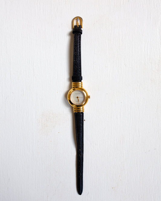 Halston Gold Watch with Black Leather Band