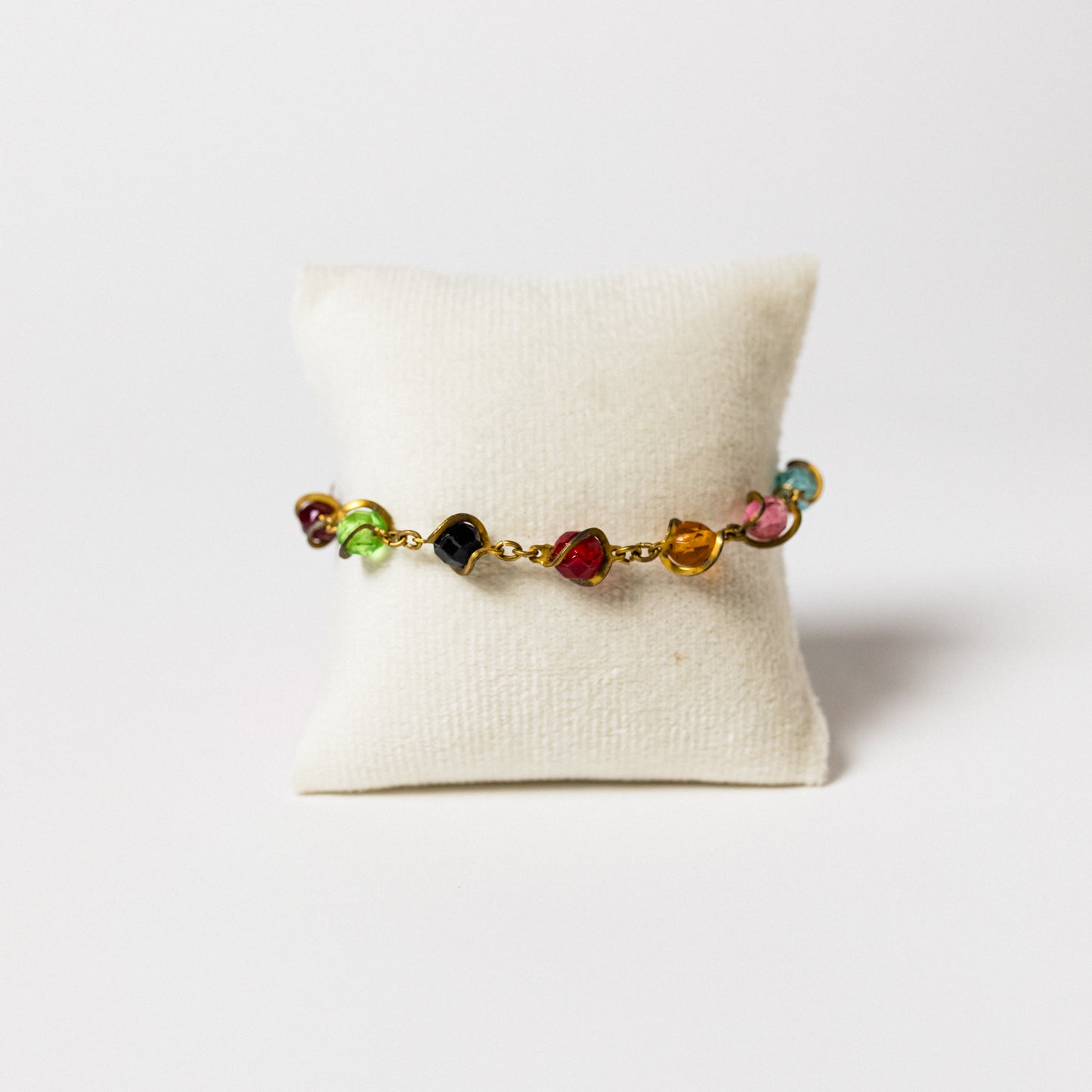 Vintage Rainbow Gold-Tone Metal-Wrapped Beaded Bracelet