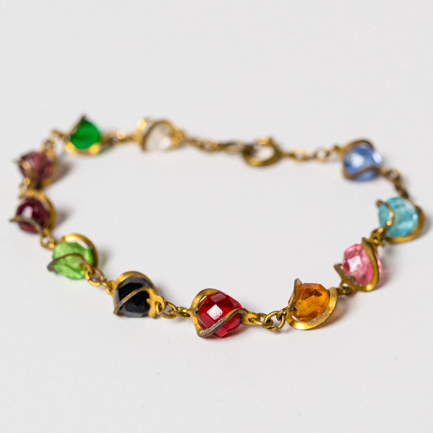 Vintage Rainbow Gold-Tone Metal-Wrapped Beaded Bracelet