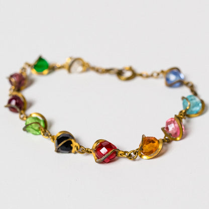 Vintage Rainbow Gold-Tone Metal-Wrapped Beaded Bracelet